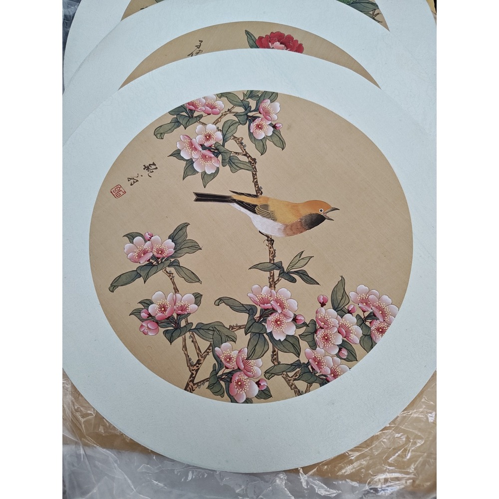 Silk Painting Set Multicolor Bird Flower Gongbi Style Circular Art 4pc Set - Picture 2 of 4